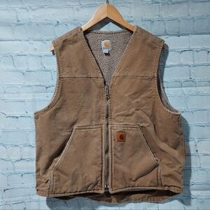 Carhartt Sherpa Fleece Lined Khaki Duck Canvas Vest V26 Khaki Men's Size L Chore